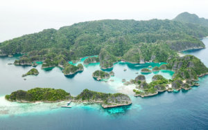 Aerial of Fam islands group, one of the places we snorkel on our coral triangle adventures snorkeling tour to Raja Ampat